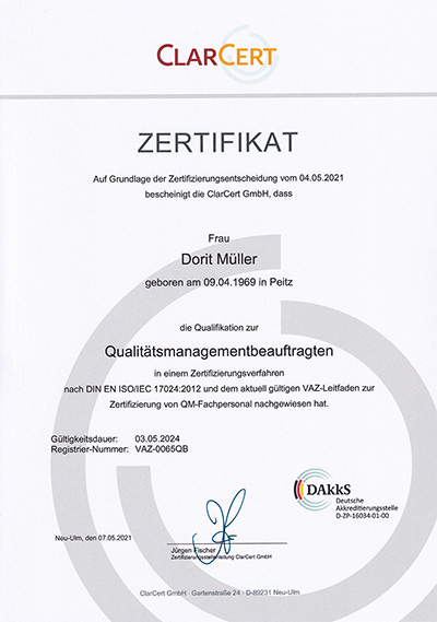 Zertifikat ClarCert Qualitätsmanagementbeauftragte 2021